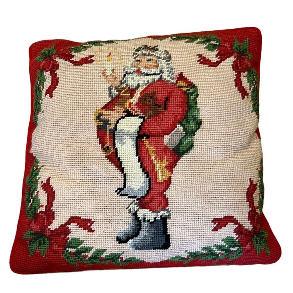 Vtg Steinwinder Enterprises Needlepoint Cross Stitch Pillow Santa's List Holiday